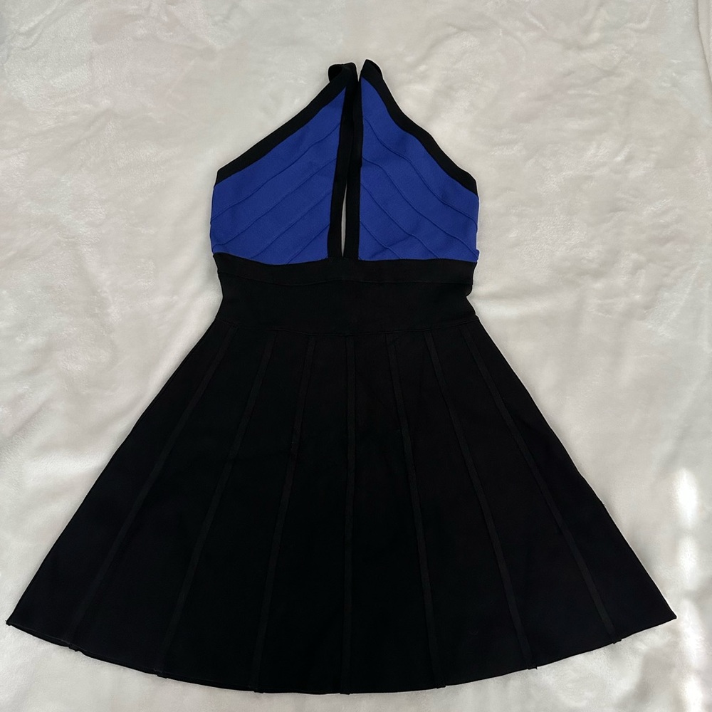Bebe Blue and Black Fit and Flare Cocktail Dress